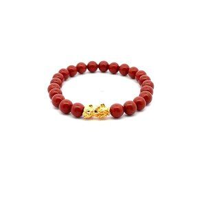 18K Gold Pixiu Piyao Lucky Charm Bracelet Natural Red Jasper Gemstone 6mm S 5.5"